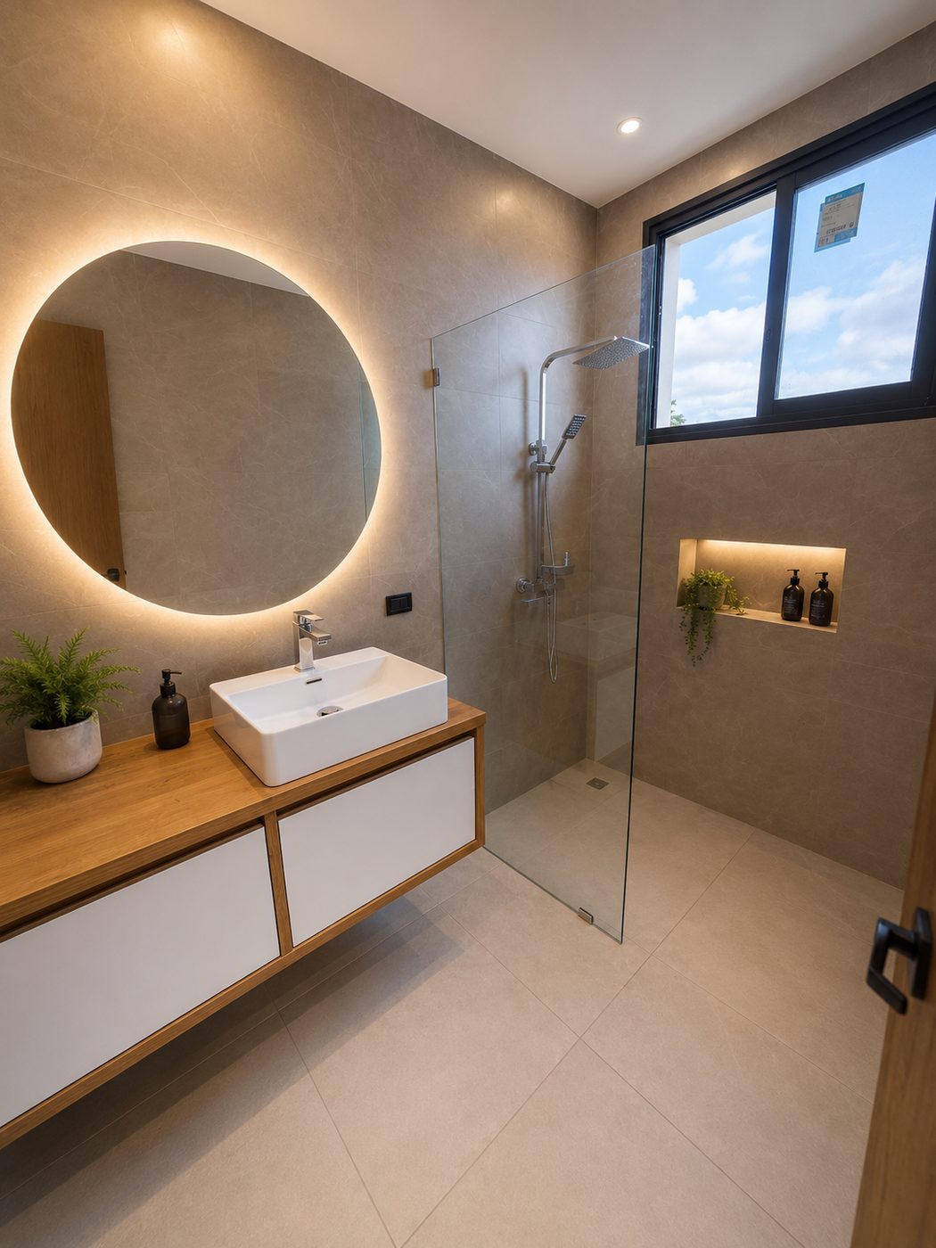Salle de bain de l'Unité B, douche à l'italienne et miroir rétroéclairé